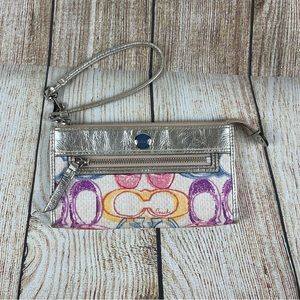 Coach Signature Logo Scribble Print Wristlet Wallet with Gold Leather